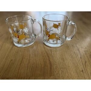 Set of 2 LIBBEY Clear Glass Coffee Cups Mugs, Xmas Holiday Reindeer, VINTAGE 90s